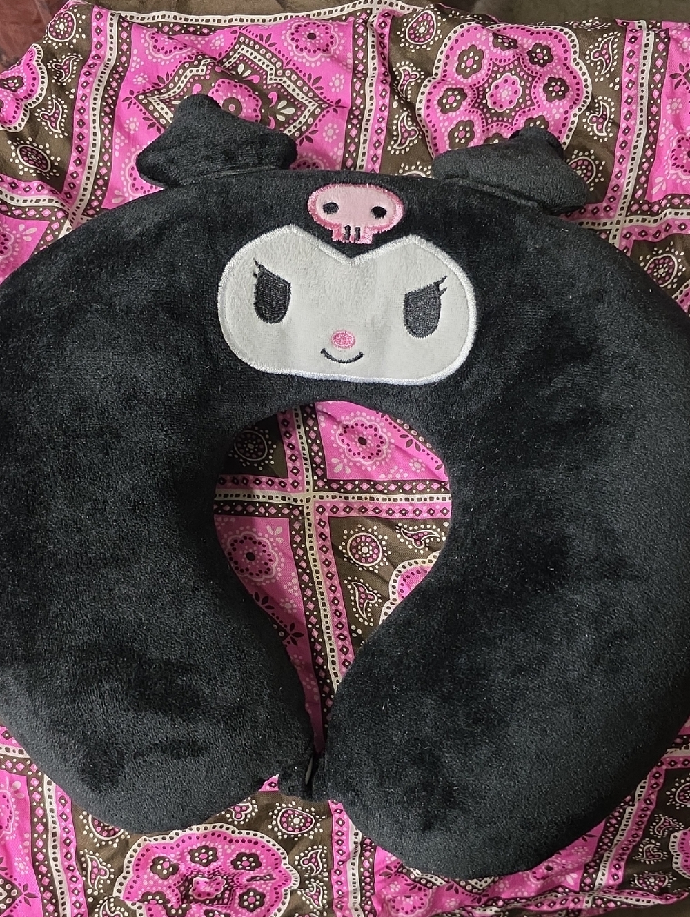Kuromi Style Plush Neck Pillow - Black with Pink Accents Never Used